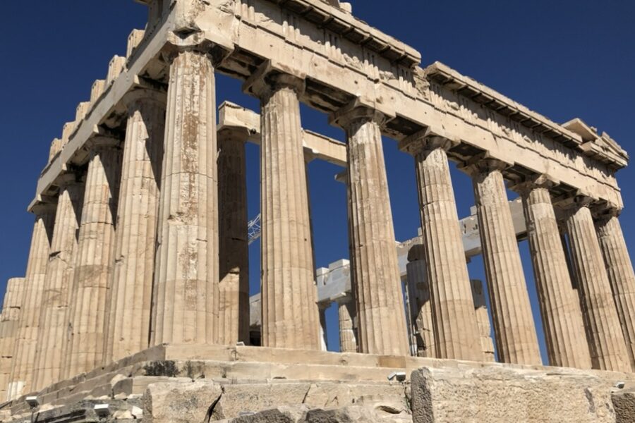 View from below of the Parthenon in Athens, Greece