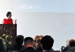 View from audience perspective as Rae Langton delivers inaugural UCLA Distinguished Lecture in Philosophy