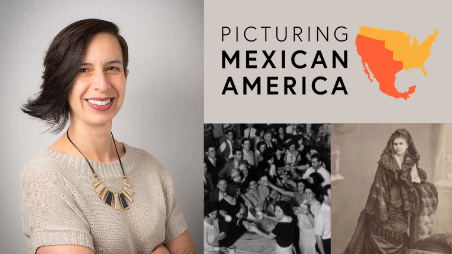 Marissa Lopez smiles in a portrait. To her right is a collage of two old photographs under the words "Picturing Mexican America."