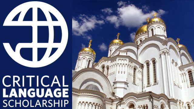 The text "Critical Language Scholarship" is placed to the left of an image of a Russian Orthodox Church