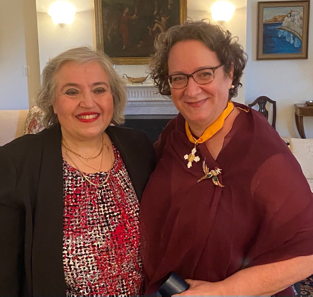 mbassador of Greece to the United States Alexandra Papadopoulou and UCLA SNF Hellenic Center Director Sharon E. J. Gerstel smile for an impromptu portrait