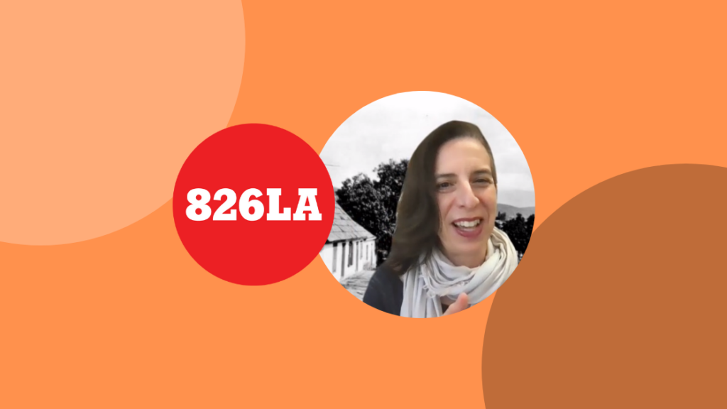 Circular portrait of Lopez next to the 826LA logo, which is in a red circle. Both are on an orange background