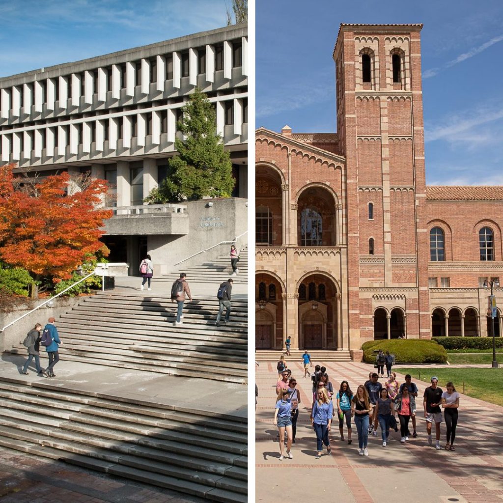 Images of the campuses of Simon Fraser University (left) and UCLA (right)