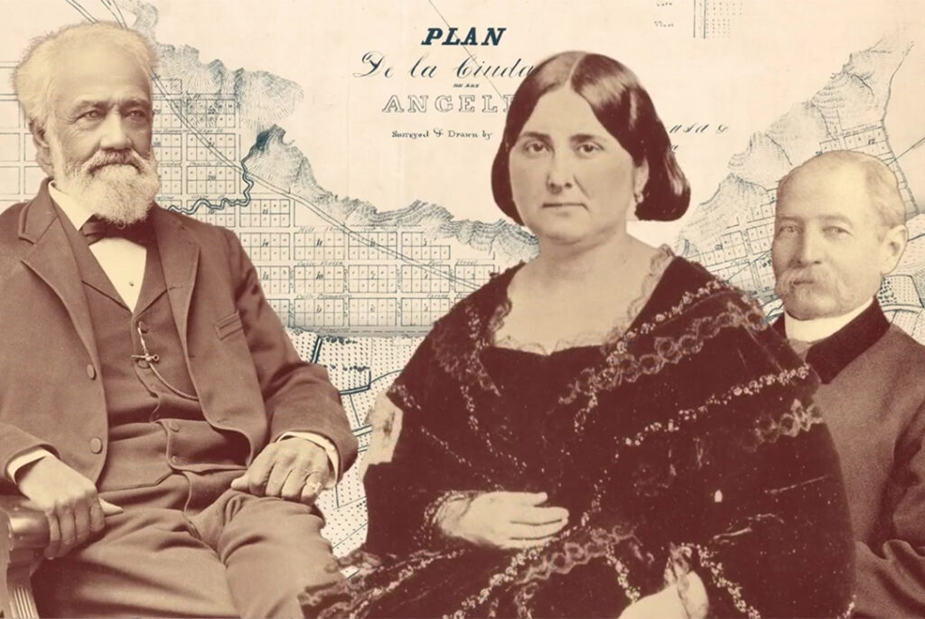 Archival portraits of three people in front of a historic map of Los Angeles