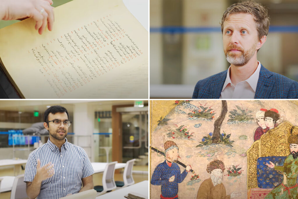 Luke Yarbrough (top right) and Azeem Malik (bottom left) with images of pages from manuscripts in the UCLA Library collection